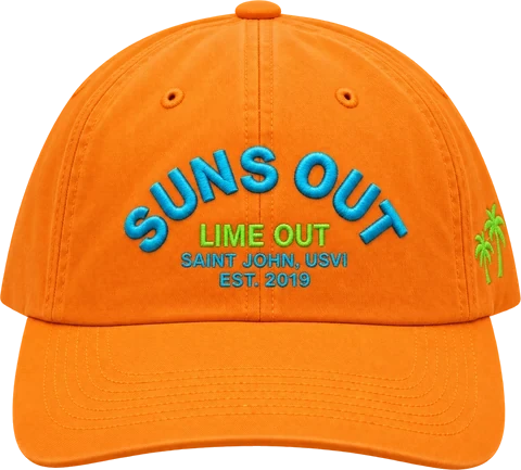 Lime Out Suns Out dad hat in orange, embroidered Saint John USVI est. 2019