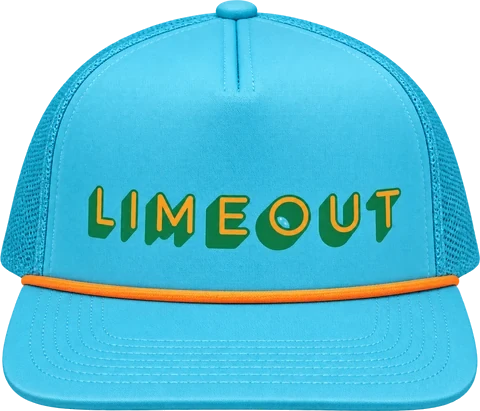 Lime Out trucker hat in turquoise with an orange rope