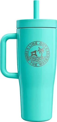 Lime Out tumbler in aqua with a handle and straw