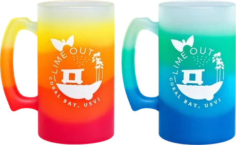 Two Lime Out 6 oz shot mugs, frosted sunset and ocean colours, Coral Bay USVI