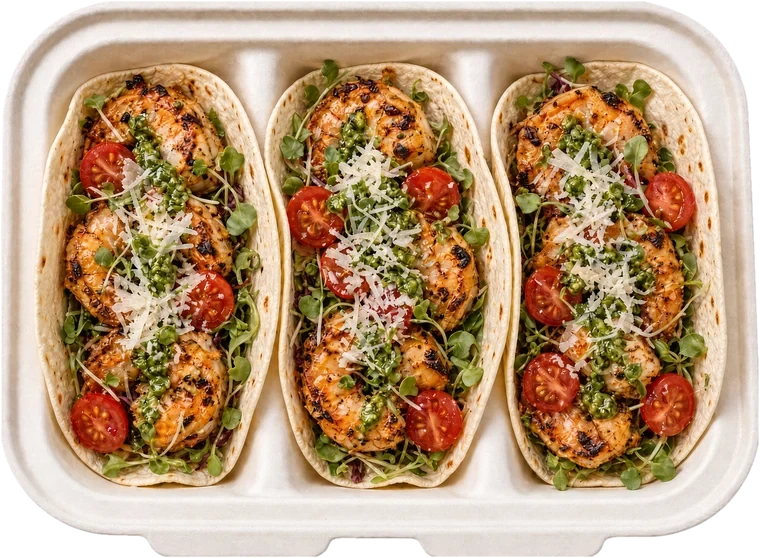 Three Shrimp tacos in a Lime&nbsp;Out container