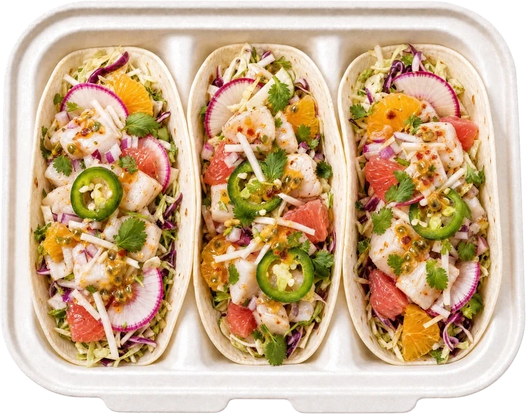 Three Ceviche tacos in a Lime&nbsp;Out container