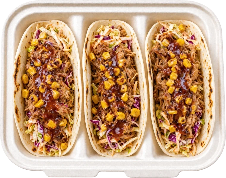 Three Rum Rib tacos in a Lime&nbsp;Out container