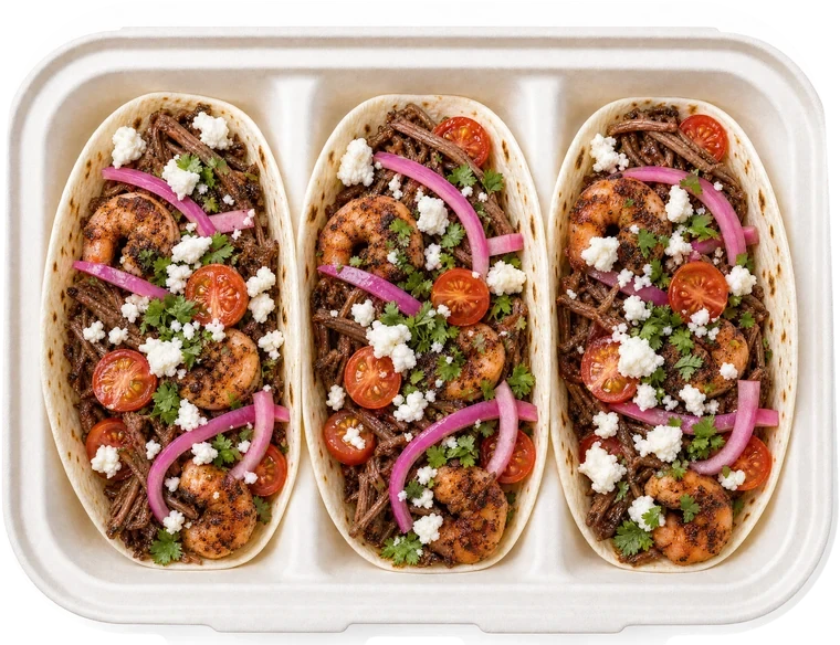 Three Surf + Turf tacos in a Lime&nbsp;Out container