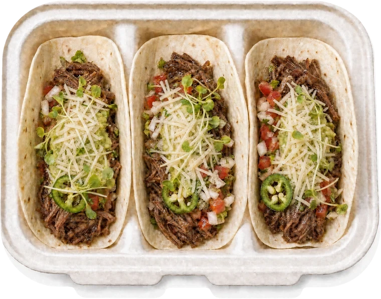 Three Short Rib tacos in a Lime&nbsp;Out container