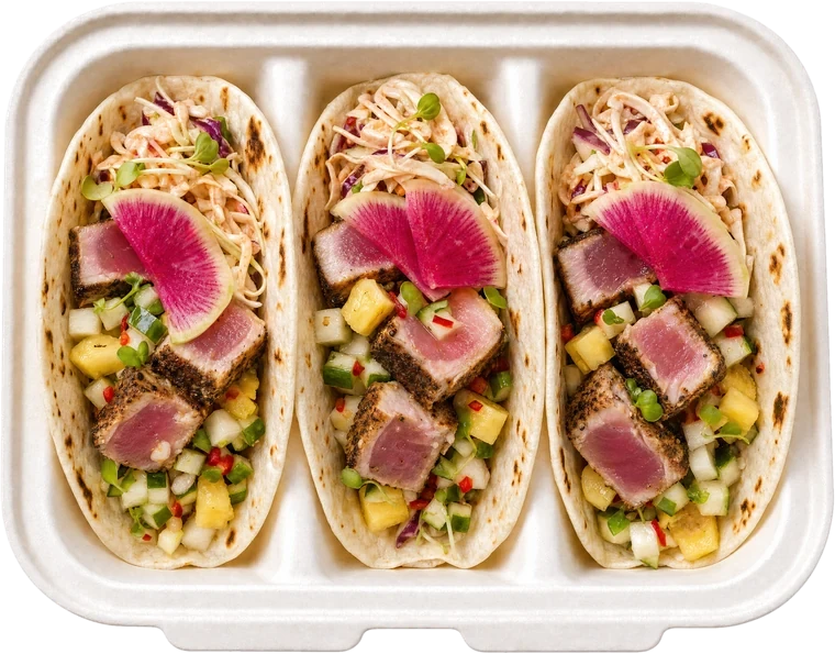 Three Spiced Tuna tacos in a Lime&nbsp;Out container