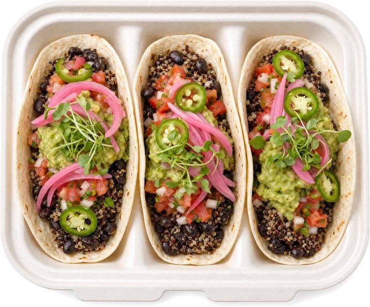Three Vegan tacos in a Lime&nbsp;Out container