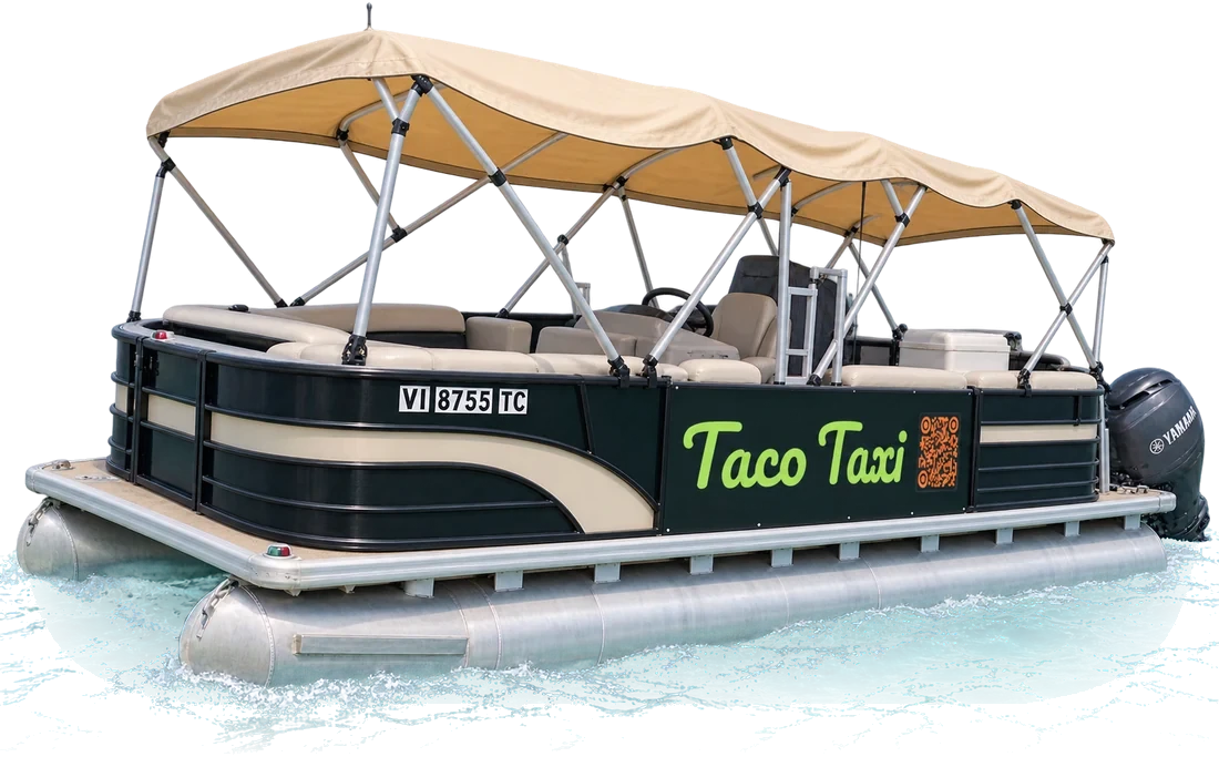 The Taco Taxi, a black and cream pontoon boat with a canvas top, on the water