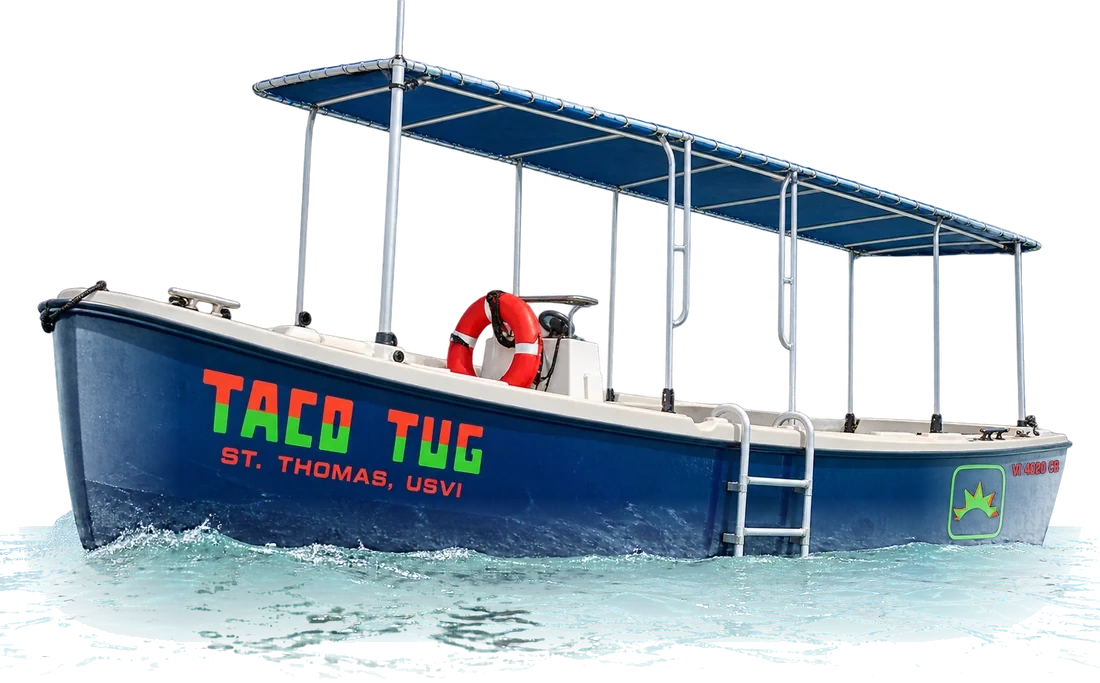 The Taco Tug, a navy blue restored motor whaleboat with a canopy, on the water